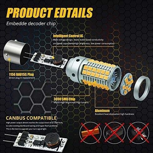 BAU15S 1156 PY21W S25 LED لمبة كهرمان لا فرط فلاش بدوره أضواء الإشارة 23 وات فائقة السطوع 3030 69-SMD LED لمبة مع CANBUS خالية من الأخطاء لأضواء الفرامل العكسية، 2 حزمة. in Kuwait