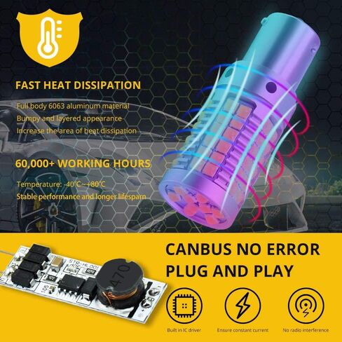 BAU15S 1156 PY21W S25 LED لمبة كهرمان لا فرط فلاش بدوره أضواء الإشارة 23 وات فائقة السطوع 3030 69-SMD LED لمبة مع CANBUS خالية من الأخطاء لأضواء الفرامل العكسية، 2 حزمة. in Kuwait