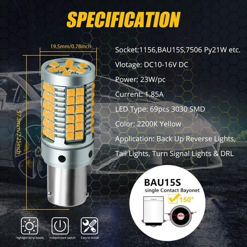 BAU15S 1156 PY21W S25 LED لمبة كهرمان لا فرط فلاش بدوره أضواء الإشارة 23 وات فائقة السطوع 3030 69-SMD LED لمبة مع CANBUS خالية من الأخطاء لأضواء الفرامل العكسية، 2 حزمة. in Kuwait