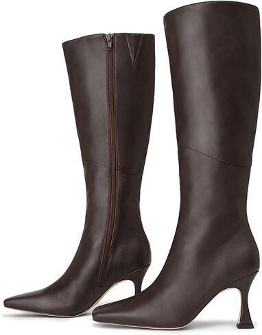 Black Leather Knee High Tall Boots for Women Sexy Square Toe Stiletto Heeled Boots Dressy with Side Zipper in Saudi Arabia