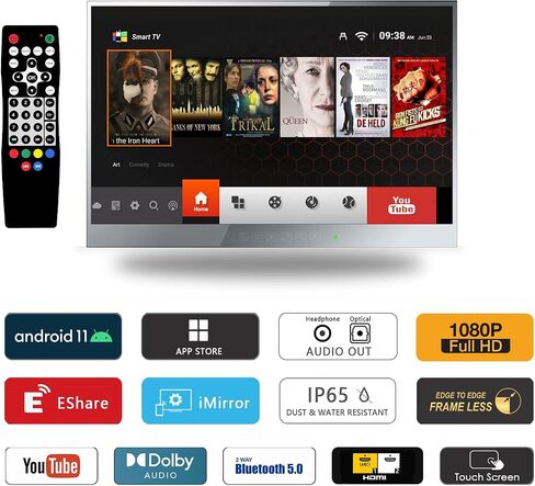 elecsung 32 بوصة تلفزيون ذكي بمرآة للحمام، لوحة لمس كاملة الشاشة 1080P IP66 مقاومة للماء نظام أندرويد 11.0 مع واي فاي وبلوتوث، M32-TS، موديل 2023 in Kuwait