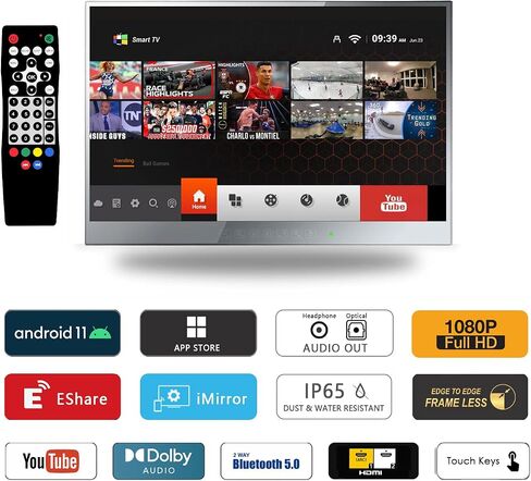 elecsung 32 بوصة تلفزيون ذكي بمرآة للحمام، لوحة لمس كاملة الشاشة 1080P IP66 مقاومة للماء نظام أندرويد 11.0 مع واي فاي وبلوتوث، M32-TS، موديل 2023 in Kuwait