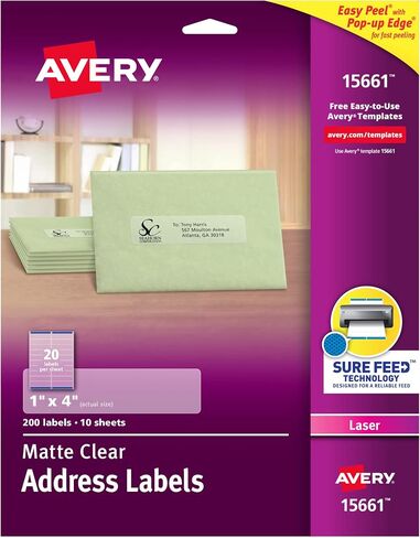 ملصقات عنوان شفافة غير لامعة من Avery، تقنية Sure Feed، ليزر، 1 بوصة × 4 بوصة، 200 ملصق (15661) in Saudi Arabia