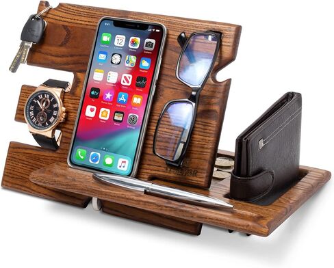 Wood Phone Docking Station Ash Key Holder Wallet Stand Watch Organizer Men Husband Wife Anniversary Dad Birthday Nightstand Purse Father Graduation Male Travel Idea Gadgets (Beige) in Saudi Arabia