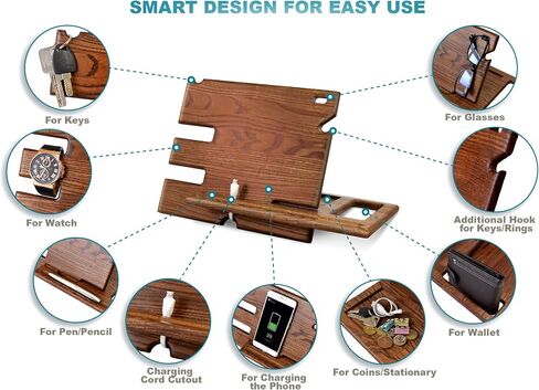 Wood Phone Docking Station Ash Key Holder Wallet Stand Watch Organizer Men Husband Wife Anniversary Dad Birthday Nightstand Purse Father Graduation Male Travel Idea Gadgets (Beige) in Saudi Arabia