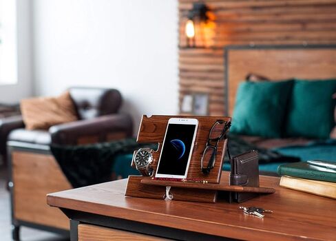 Wood Phone Docking Station Ash Key Holder Wallet Stand Watch Organizer Men Husband Wife Anniversary Dad Birthday Nightstand Purse Father Graduation Male Travel Idea Gadgets (Beige) in Saudi Arabia