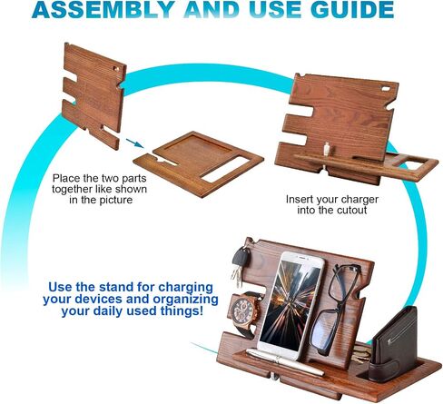 Wood Phone Docking Station Ash Key Holder Wallet Stand Watch Organizer Men Husband Wife Anniversary Dad Birthday Nightstand Purse Father Graduation Male Travel Idea Gadgets (Beige) in Saudi Arabia
