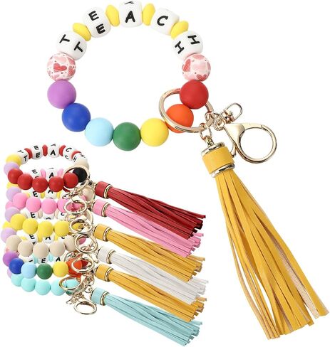 6 Pcs Silicone Key Ring Bracelet for Women Teacher Gifts Teacher Appreciation Beaded Wristlet Keychain Rainbow Bead Teacher Keychains with Tassel Portable Teach Wristlet Bangle Keyring Holder in Saudi Arabia