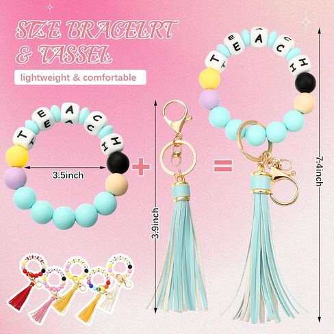 6 Pcs Silicone Key Ring Bracelet for Women Teacher Gifts Teacher Appreciation Beaded Wristlet Keychain Rainbow Bead Teacher Keychains with Tassel Portable Teach Wristlet Bangle Keyring Holder in Saudi Arabia