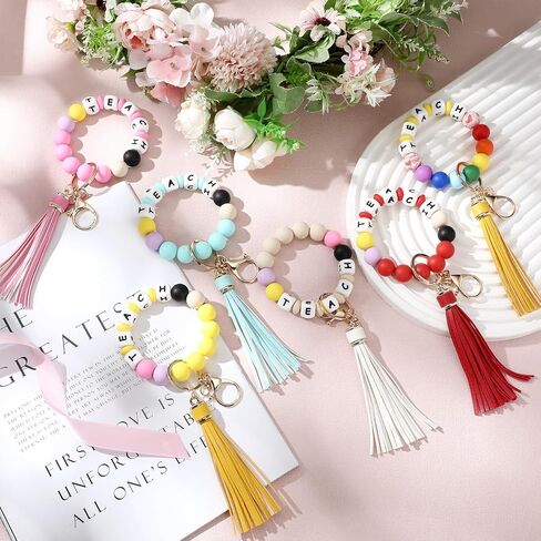 6 Pcs Silicone Key Ring Bracelet for Women Teacher Gifts Teacher Appreciation Beaded Wristlet Keychain Rainbow Bead Teacher Keychains with Tassel Portable Teach Wristlet Bangle Keyring Holder in Saudi Arabia