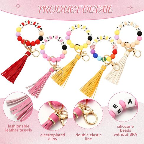 6 Pcs Silicone Key Ring Bracelet for Women Teacher Gifts Teacher Appreciation Beaded Wristlet Keychain Rainbow Bead Teacher Keychains with Tassel Portable Teach Wristlet Bangle Keyring Holder in Saudi Arabia