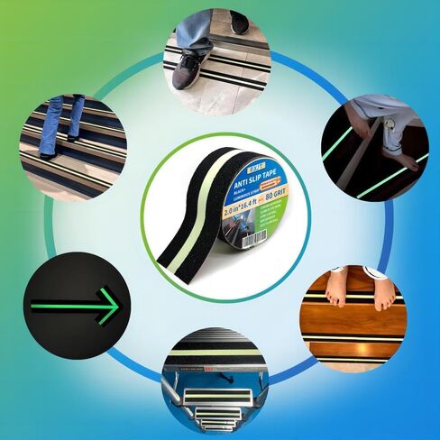 Anti Slip Tape with Luminous Strip for Stairs |Glow in The Dark |Skateboard Anti Slip| Non Slip Tape | Outdoor& Indoor |Ladder treads Tape |Antiskid Tape |Waterproof |2in*16.4ft 80 grit in Saudi Arabia