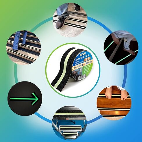 Anti Slip Tape with Luminous Strip for Stairs |Glow in The Dark |Skateboard Anti Slip| Non Slip Tape | Outdoor& Indoor |Ladder treads Tape |Antiskid Tape |Waterproof |2in*16.4ft 80 grit in Saudi Arabia