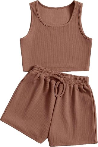 Verdusa Girl's 2 Piece Tracksuit Sets Workout Crop Tank Top and Short Sets Coffee Brown 10Y in Saudi Arabia