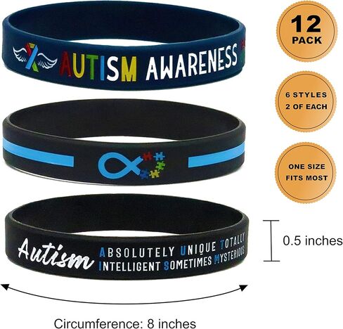 12-pack Autism Bracelets, Bulk Bundle - Autism Accessories and Gifts in Bulk for Men Women Boys Girls - 1 Dozen Silicone Rubber Wristbands in Mega Assortment Pack in Kuwait