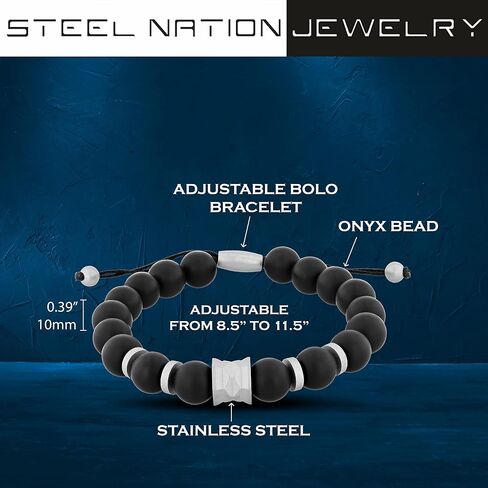 Men's Stainless Steel Bead Beaded Adjustable Nylon Bolo Bracelet - Choice of Color in Saudi Arabia