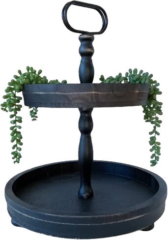 Beautiful Tiered Tray Black Slighly Distressed, Two Tiered Wood Decorative Tray - Tiered Tray Stand - Two Tier Tray Tiered Tray Decor - 2 Tier Tray Tiered Serving Tray - Large 17" in Saudi Arabia
