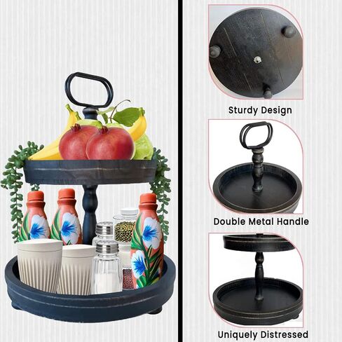 Beautiful Tiered Tray Black Slighly Distressed, Two Tiered Wood Decorative Tray - Tiered Tray Stand - Two Tier Tray Tiered Tray Decor - 2 Tier Tray Tiered Serving Tray - Large 17" in Saudi Arabia
