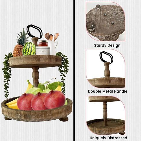 Beautiful Tiered Tray Black Slighly Distressed, Two Tiered Wood Decorative Tray - Tiered Tray Stand - Two Tier Tray Tiered Tray Decor - 2 Tier Tray Tiered Serving Tray - Large 17" in Saudi Arabia