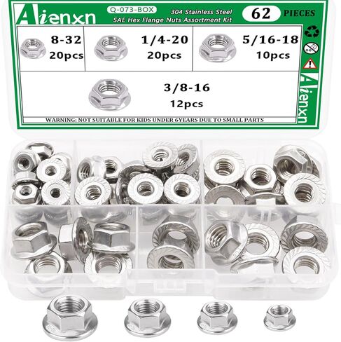 مجموعة متنوعة من صواميل سداسية من الفولاذ المقاوم للصدأ 304، 4 مقاسات SAE 62 قطعة، 8-32، 1/4-20، 5/16-18، 3/8-16 Q-073-BOX in Kuwait