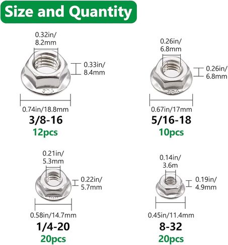 مجموعة متنوعة من صواميل سداسية من الفولاذ المقاوم للصدأ 304، 4 مقاسات SAE 62 قطعة، 8-32، 1/4-20، 5/16-18، 3/8-16 Q-073-BOX in Kuwait