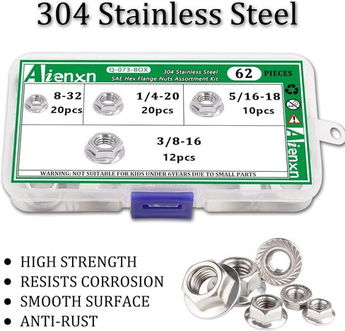 مجموعة متنوعة من صواميل سداسية من الفولاذ المقاوم للصدأ 304، 4 مقاسات SAE 62 قطعة، 8-32، 1/4-20، 5/16-18، 3/8-16 Q-073-BOX in Kuwait