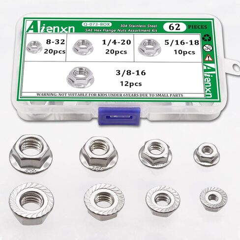 مجموعة متنوعة من صواميل سداسية من الفولاذ المقاوم للصدأ 304، 4 مقاسات SAE 62 قطعة، 8-32، 1/4-20، 5/16-18، 3/8-16 Q-073-BOX in Kuwait