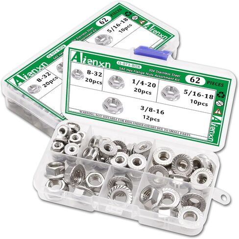 مجموعة متنوعة من صواميل سداسية من الفولاذ المقاوم للصدأ 304، 4 مقاسات SAE 62 قطعة، 8-32، 1/4-20، 5/16-18، 3/8-16 Q-073-BOX in Kuwait