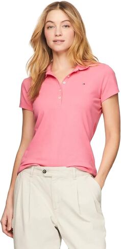 TOMMY HILFIGER Women's Slim Fit Stretch Cotton Mesh Polo Shirt, GlamourPink, S in Saudi Arabia