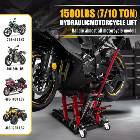 رافعة هيدروليكية للدراجات النارية، رافعة مقصية ATV بقدرة 1500 رطل، حامل رافعة دراجة نارية محمول مع 4 عجلات، حامل رافعة هيدروليكي يعمل بالقدم، طاولة رفع للدراجات النارية لـ ATV UTV in Kuwait