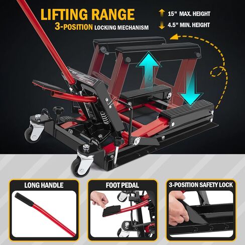 رافعة هيدروليكية للدراجات النارية، رافعة مقصية ATV بقدرة 1500 رطل، حامل رافعة دراجة نارية محمول مع 4 عجلات، حامل رافعة هيدروليكي يعمل بالقدم، طاولة رفع للدراجات النارية لـ ATV UTV in Kuwait