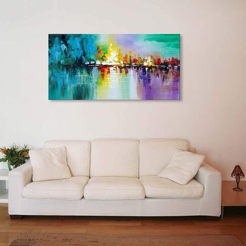Large Abstract Cityscape Wall Art Textured Work Handmade Modern City Skyline Reflection Canvas Oil Painting Colorful Landscape Artwwork in Saudi Arabia