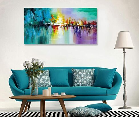 Large Abstract Cityscape Wall Art Textured Work Handmade Modern City Skyline Reflection Canvas Oil Painting Colorful Landscape Artwwork in Saudi Arabia