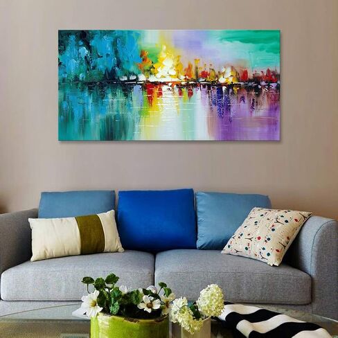 Large Abstract Cityscape Wall Art Textured Work Handmade Modern City Skyline Reflection Canvas Oil Painting Colorful Landscape Artwwork in Saudi Arabia