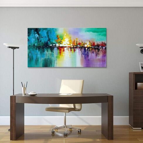 Large Abstract Cityscape Wall Art Textured Work Handmade Modern City Skyline Reflection Canvas Oil Painting Colorful Landscape Artwwork in Saudi Arabia