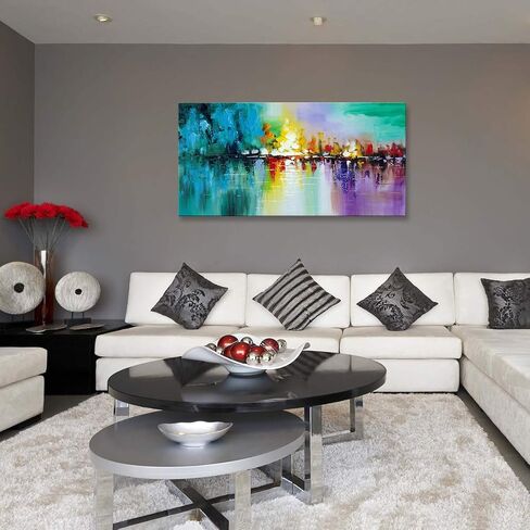 Large Abstract Cityscape Wall Art Textured Work Handmade Modern City Skyline Reflection Canvas Oil Painting Colorful Landscape Artwwork in Saudi Arabia