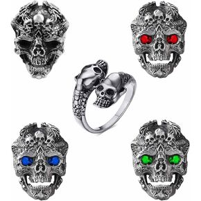 مجموعة خواتم جمجمة فاسق للرجال مكونة من 5 حلقات قابلة للتعديل، رأس هيكل عظمي قوطي مع عين حمراء وزرقاء خضراء وتصميم جمجمة مزدوجة، حلقات معدنية عتيقة للارتداء اليومي والحفلات in Kuwait