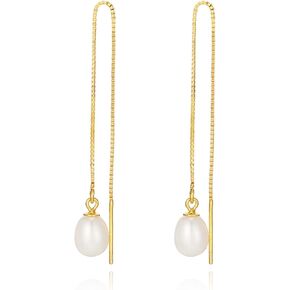 JaruJaru Vermeil Chain Freshwater Pearl Earrings for Women, Gold Threader Earrings, Gold plated on S925 Sterling Silver, Hypoallergenic Thread Through Dangle Earrings in Saudi Arabia