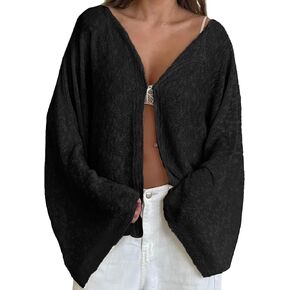 Women Loose Cardigan Solid Boat Neck Hook and Eye Long Sleeve Knitted Tops Casual Fall Clothes in Kuwait
