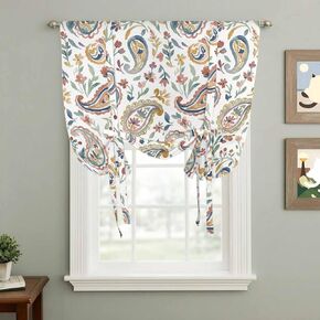 Paisley Flower Tie Up Curtains for Window, Spring Watercolor Country Floral Leaf Plant Thermal Insulated Balloon Shade Rod Pocket Curtains Valance Panels for Kitchen Bathroom Café 52'' x 63'' in Saudi Arabia