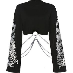 AULKEEP Gothic Women Cute Crop Tops Cool Dragon Graphic Sweatshirts Goth Punk Black Crewneck Sweatshirt in Kuwait