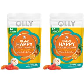 OLLY Hello Happy Gummy Worms، دعم توازن المزاج، فيتامين د، الزعفران، مكمل غذائي قابل للمضغ للبالغين، زنج استوائي - 60 قطعة in Kuwait