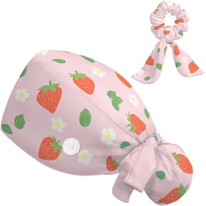 Scrub Caps Women Ponytail, Adjustable Surgical Cap with Buttons, Bouffant Hat with Scrunchy, Strawberry Pink Floral Kawaii in Saudi Arabia