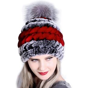 Women's The Super Rex Rabbit Fur Hats Winter Windproof Fox Fur Ball Warm Cap in Kuwait