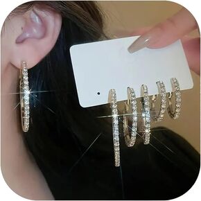 3 Pairs Silver Gold Hoop Earrings for Women Thin Rhinestone Round Hoop Earrings Set Sparkly Large Cubic Zirconia Hoops Party Dance Fashion Hypoallergenic Jewelry Gift for Her in Kuwait