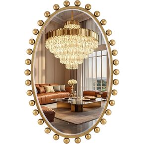 24"x36"Oval Wall Mounted Bathroom Mirror with Beveled Glass, Antique Gold Beaded Ball Frame, Vertical & Horizontal Hanging Vanity Wall Mirror for Bathroom, Bedroom, Entryway, Dressing Room in Kuwait