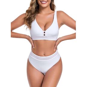 Colloyes Women's Deep V Neck Cutout Front Mesh Splicing Bikini Sets High Cut High Waisted Bottom Two Piece Swimsuit for Women in Kuwait
