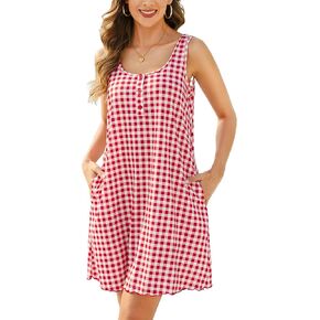 Marvmys Women Cotton Sleeveless Tank Nightgowns Summer Henley Lettuce Hem Nightshirts Sleepwear with Pocket S-2XL in Kuwait