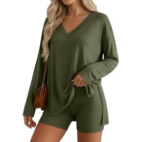 Women's 2 Piece Lounge Sets Oversized V Neck Pajamas Long Sleeve Workout Biker Shorts Side Split Tops Fall in Kuwait