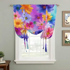Spring Floral Tie Up Curtains for Window, Pink Flowers Farmhouse Elegant Pastoral Thermal Insulated Balloon Shade Adjustable Rod Pocket Curtains Valance Panels for Kitchen Bathroom Café 34'' x 45'' in Saudi Arabia
